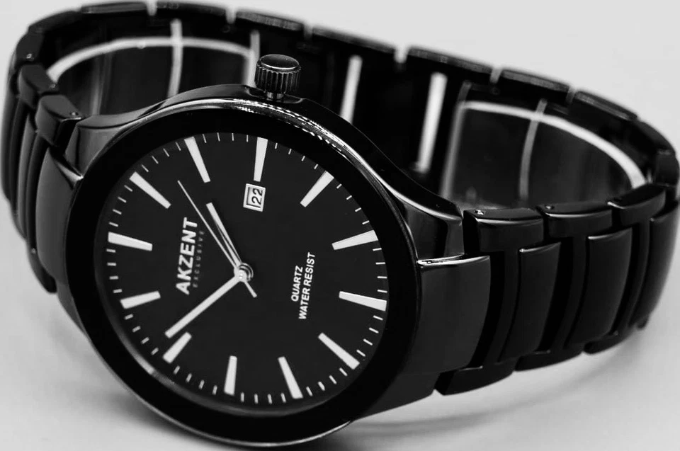 Akzent Herren Männer Armband Uhr im Flachem Design Keramik Look Datum - Bild 2 von 3