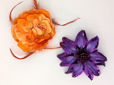 Set of 2 Unbranded Pins Women's Large 6" Layered Fabric Flowers Orange Purple