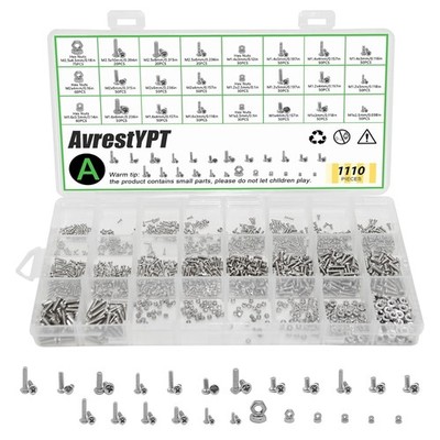 1110Pcs 304 Stainless Steel Metric Micro Screws Nuts Assortment, M1 M1.2 M1.4 M1
