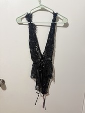 BLACK LACE TEDDY WITH DEEP V-NECK FRONT  LACE-UP BACK Medium