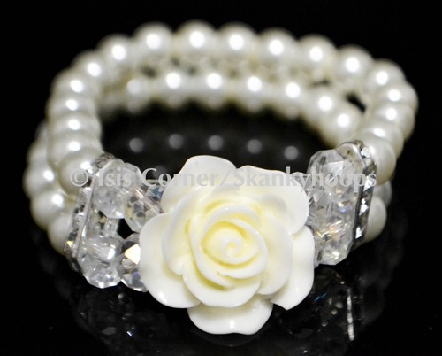 FASHION DOUBLE BEAD STRAND PEARLS AND CRYSTAL ROSE CHARM WOMENS STRETCH BRACELET - Picture 10 of 18