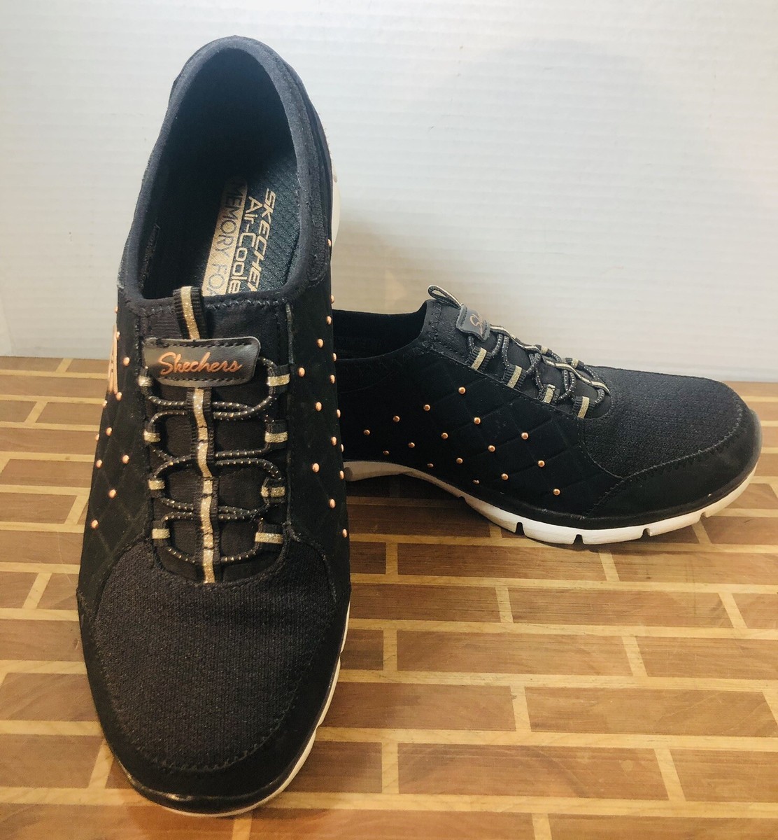 Skechers Air-Cooled Memory Foam Sneakers Women’s Black Quilt Copper  Studded