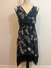 Simply Vera Wang Navy Blue Floral Dress PS Sheer Layered Lined Sleeveless Bow V