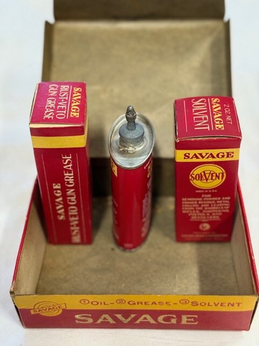 Savage Arms Gun Cleaning Kit Oil Tin Gun Grease Solvent 3pk Vintage Winchester - Picture 5 of 12