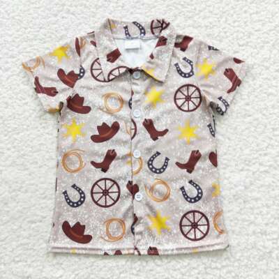 Boy's Short Sleeve  Shirt Top Tee Western Cowboy Rodeo Print
