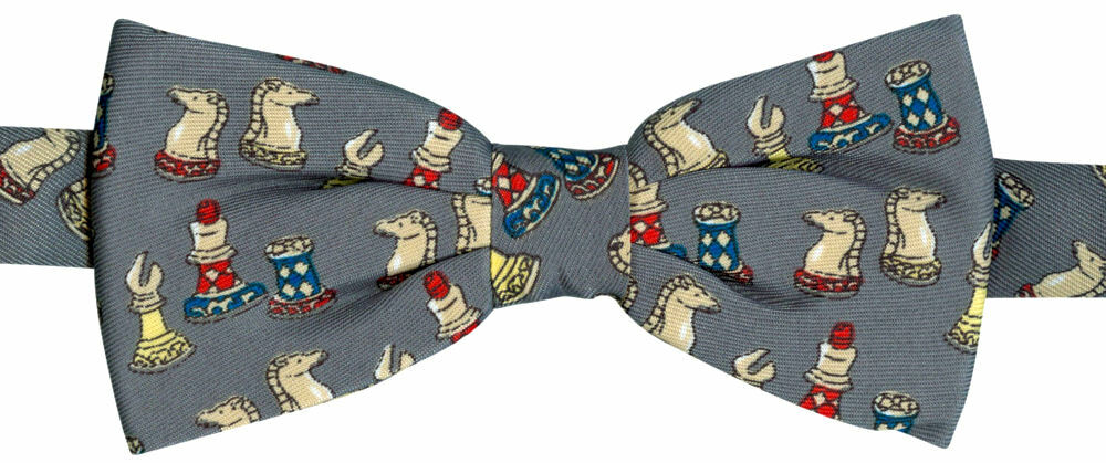 THE TIE STUDIO - CHESS Pieces on Grey Men's Bow Tie
