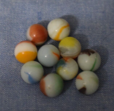 Vintage Lot of 10 White Milk Glass Multi-Color Swirl Marbles 16 mm - .6 in. C126