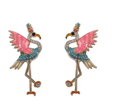 Tropical Flamingo Crystal Earrings with Pineapple Crown Pink Enamel Wings 2 Inch