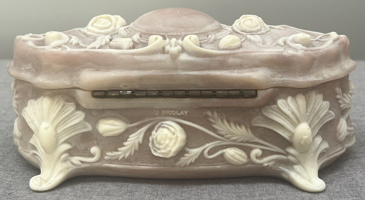 VINTAGE INCOLAY Stone, Genuine Pink / Rose Jewelry Keepsake Box