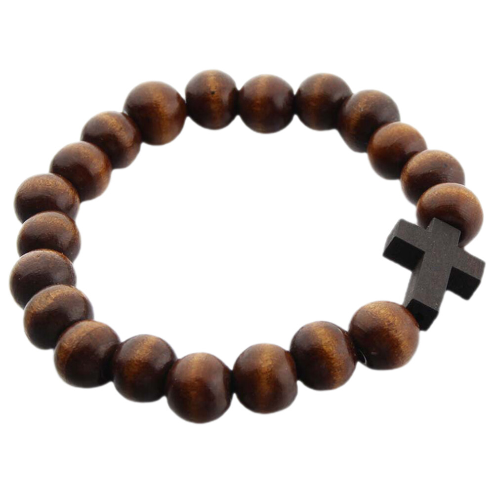 Wooden Cross Charm Bracelet Christian Prayer Beads Wrist Chain