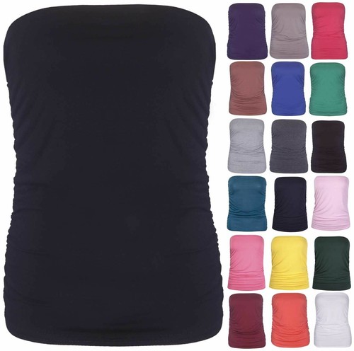 Womens Plain Ruched Ladies Sleeveless Gathered Strapless Bandeau Boob Tube Top - 第 1/11 張圖片