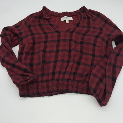 Anthropologie Cloth & Stone Sara Plaid Long Sleeve Top Red Black Size XS