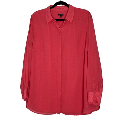 Talbots Women's Pink Swiss Dot Shear Lined Blouse Top Long Slv Button Up 1X NWOT