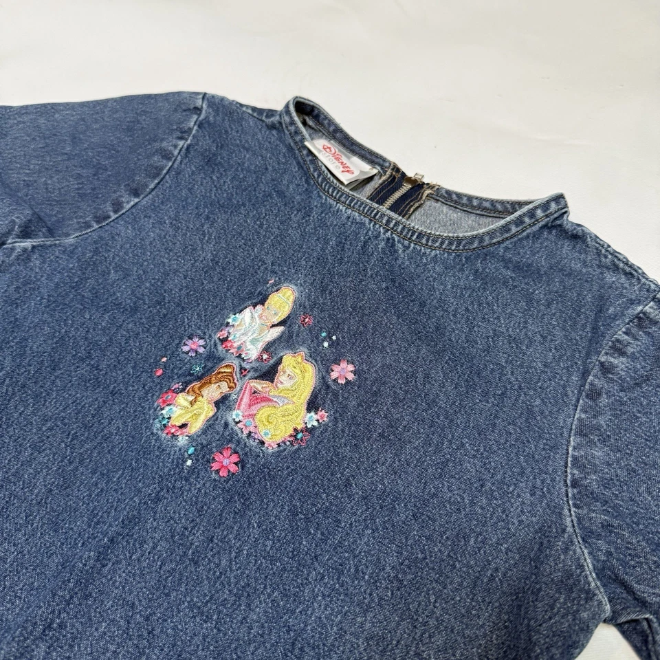 Vintage Girls Size 7/8 Disney Princess Embroidered Denim Overalls Dress Y2K USA - Image 2 of 4