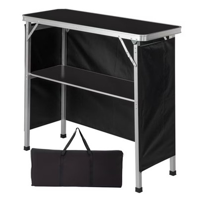 Folding Table with Shelf, Portable Trade Show Podium Counter with Black Skirt