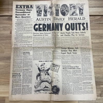 1945 WWII Newspaper V-E Day Germany Quits Victory Extra Austin Daily 