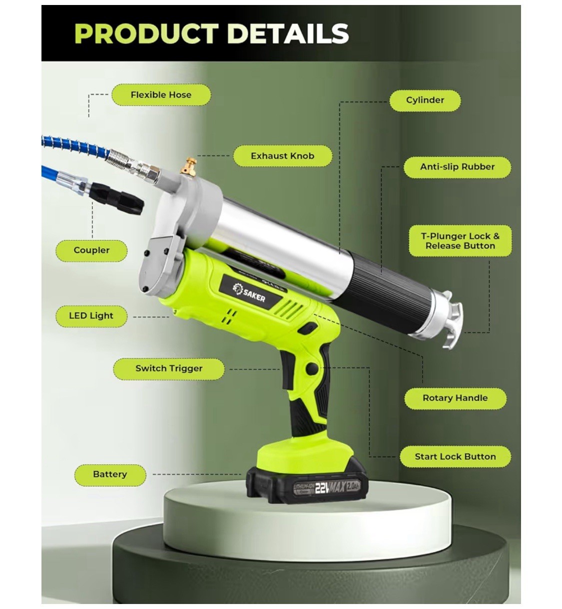 Saker Electric Grease Gun Kit 12000 PSI LED 40” Hose 5.5oz/min 2-2Ah Batteries