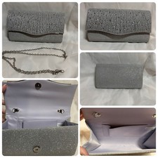 Silver clutch purse, rhinestone front with silver chain strap, formal evening