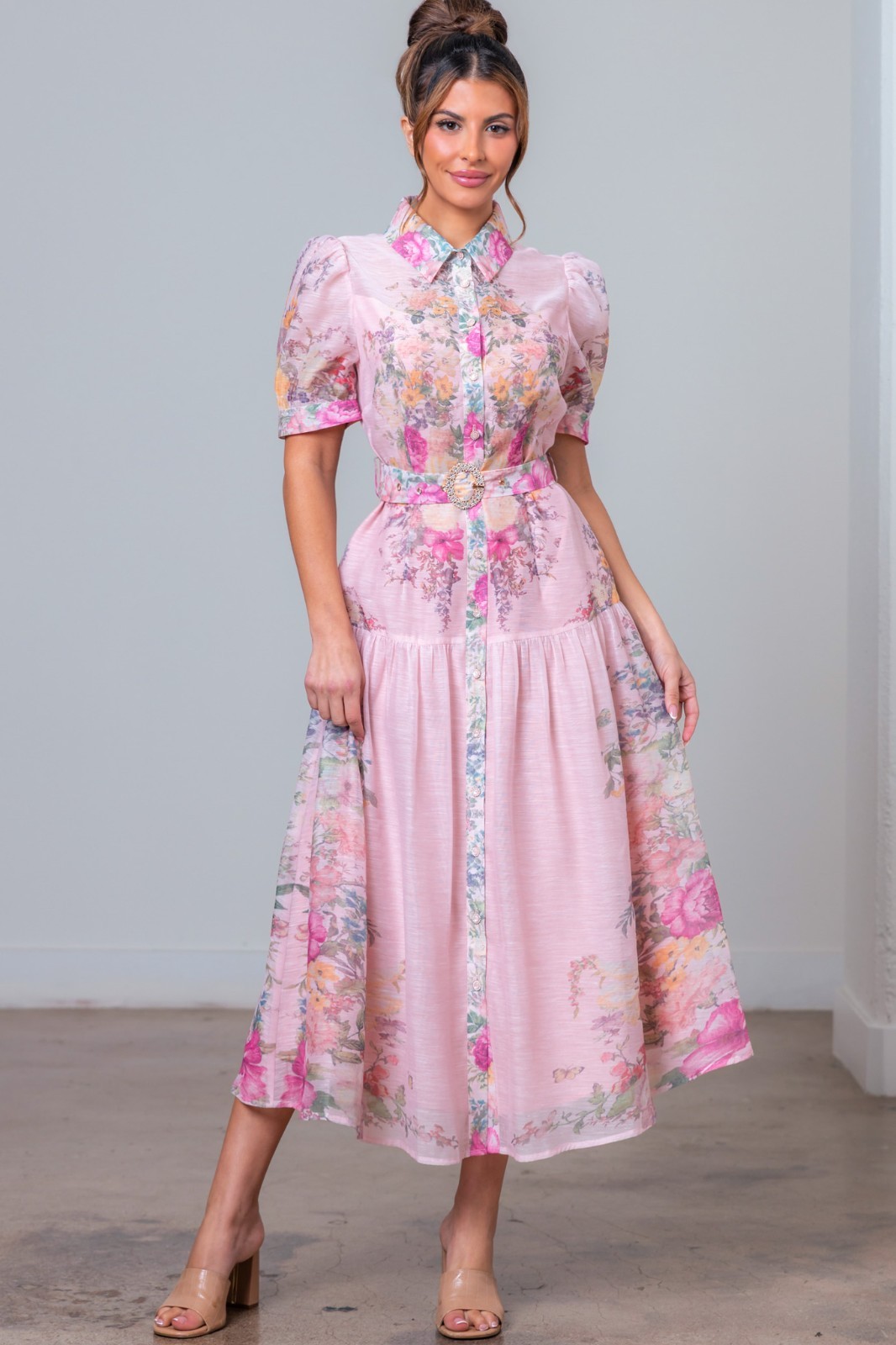 Floral button front midi dress with crystal belt - a. Peach