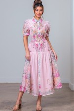 Floral Button Front Midi Dress with Crystal Belt - A. Peach