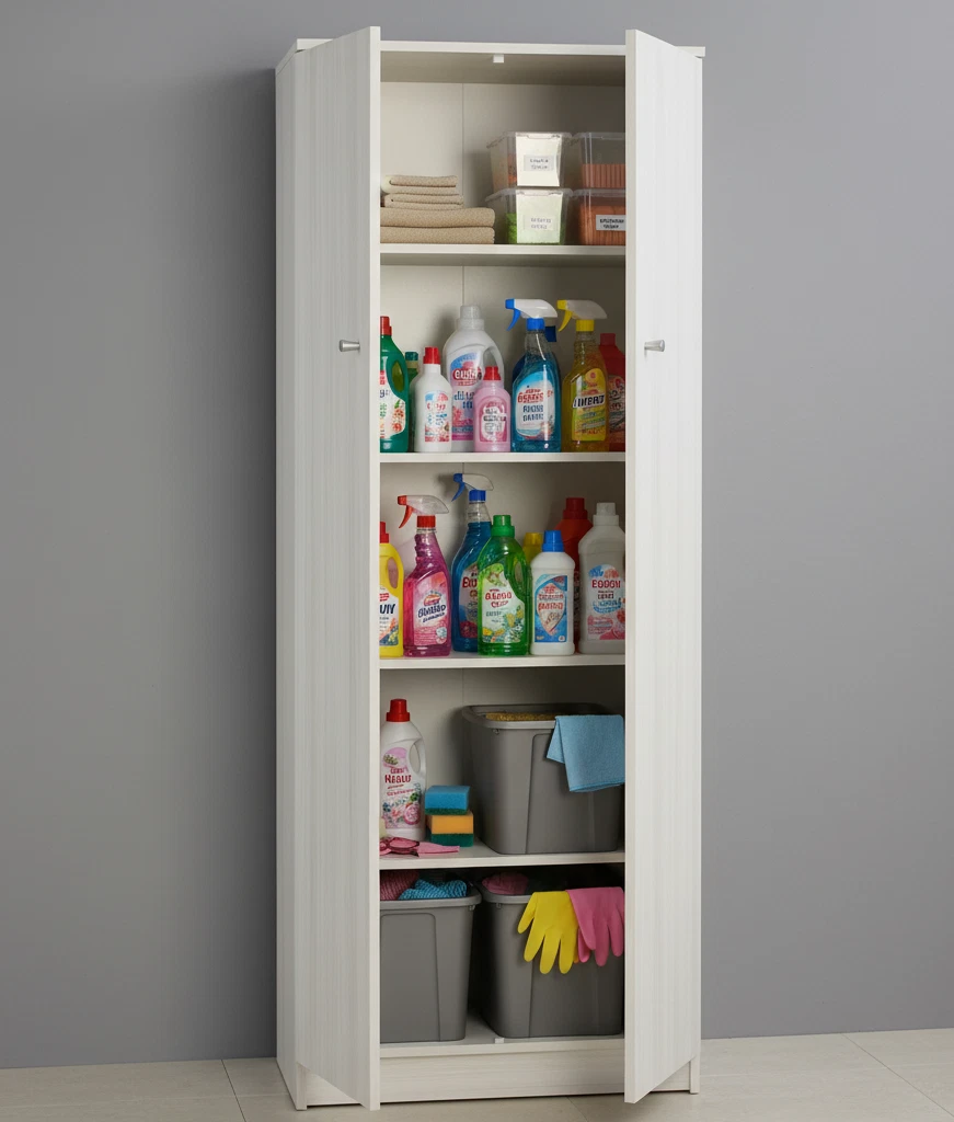 Armadio Utility Multiuso 2 ante 4 ripiani, 5 scomparti | Legno Bianco 62x34x182