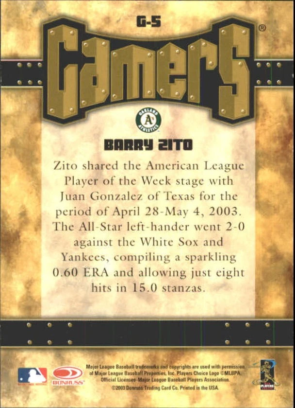 2004 Leaf Gamers Second Edition #5 Barry Zito - BB - Image 2 of 2