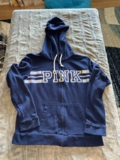 Victoria  s Secret PINK Hoodie Womens Large Full Zip Navy Blue Logo Sweatshirt