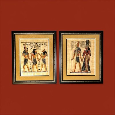 Set of 2 Framed Egyptian Papyrus Art Paintings Gods Horus Anubis Wall Decor