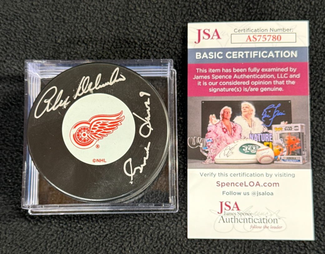 Gordie Howe Autographed Signed Detroit Red Wings & Alex Delvecchio & Inscribed Puck JSA COA 