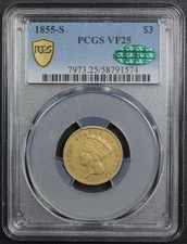 1855 S $3 Three Dollar Gold Indian Princess PCGS VF 25 CAC