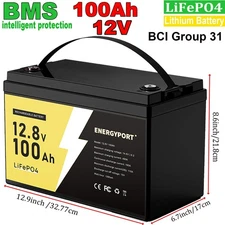 LiFePO4 Lithium Battery 12V 100Ah Group 31 BMS Deep Cycle for Solar Panel Campe