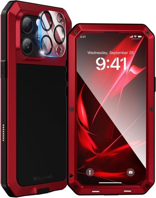 iPhone 16 Pro Max Case Metal Red Rugged 9H Armor