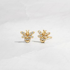 Natural Diamond Bee Insect Tiny Bar Earring 14k Yellow Gold Minimalist Earrings