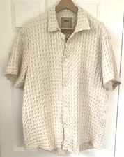 OAS Men's Sz L Relaxed-Fit Resort Woven Cotton Cuba Waffle Shirt Ecru
