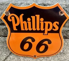 VINTAGE PHILLIPS ROUTE 66 PORCELAIN METAL HIGHWAY SIGN GAS STATION ROAD SHIELD