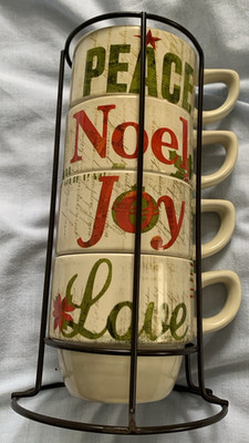 Pier 1 Imports Stacking Coffee Mugs Cups Set of 4 with Stand Christmas Themed
