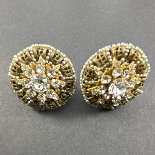 Vintage Cluster Beaded Gold-Tone Clip-On Earrings with Rhinestones Flower