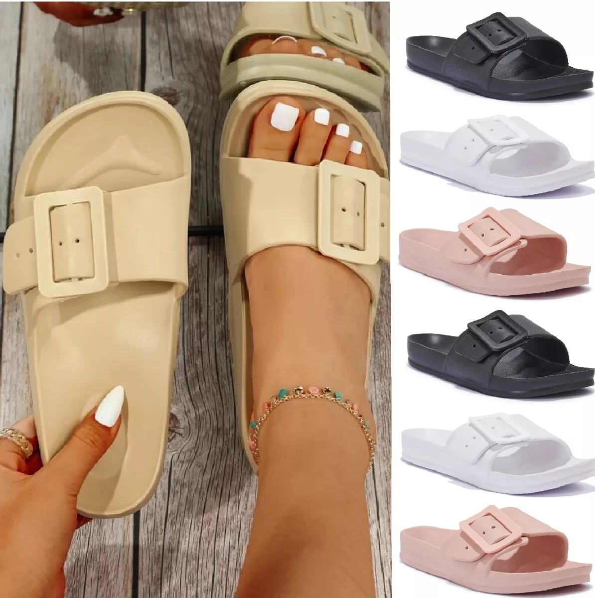 LADIES WOMENS BEACH POOL FLIP FLOP SLIP ON SLIDES SLIDERS BUCKLE SUMMER SANDALS