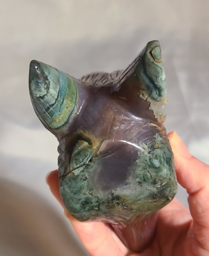 RARE 5" Red Flame & Green Moss Agate Geode Druzy WOLF Head Skull Crystal Carving - Picture 6 of 24