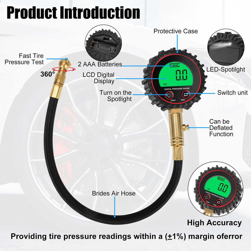Digital Tire Inflator with Pressure Gauge 255 PSI Air Chuck for Truck