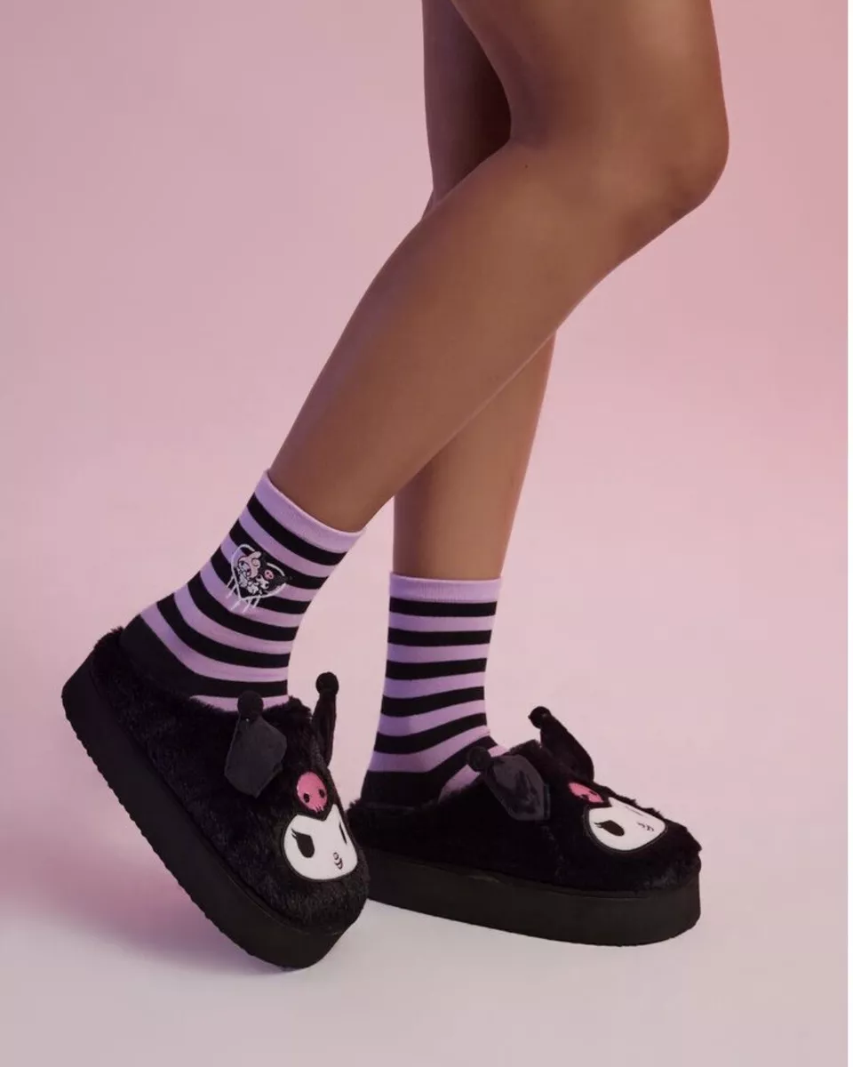 FOREVER 21 X HELLO KITTY KUROMI FAUX FUR PLATFORM HOUSE SLIPPERS