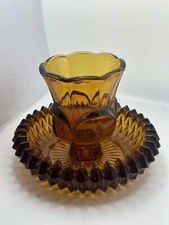 1970 Amber Glass Diamond Point 2 Piece Taper Votive Candle Stick Holder Ashtray