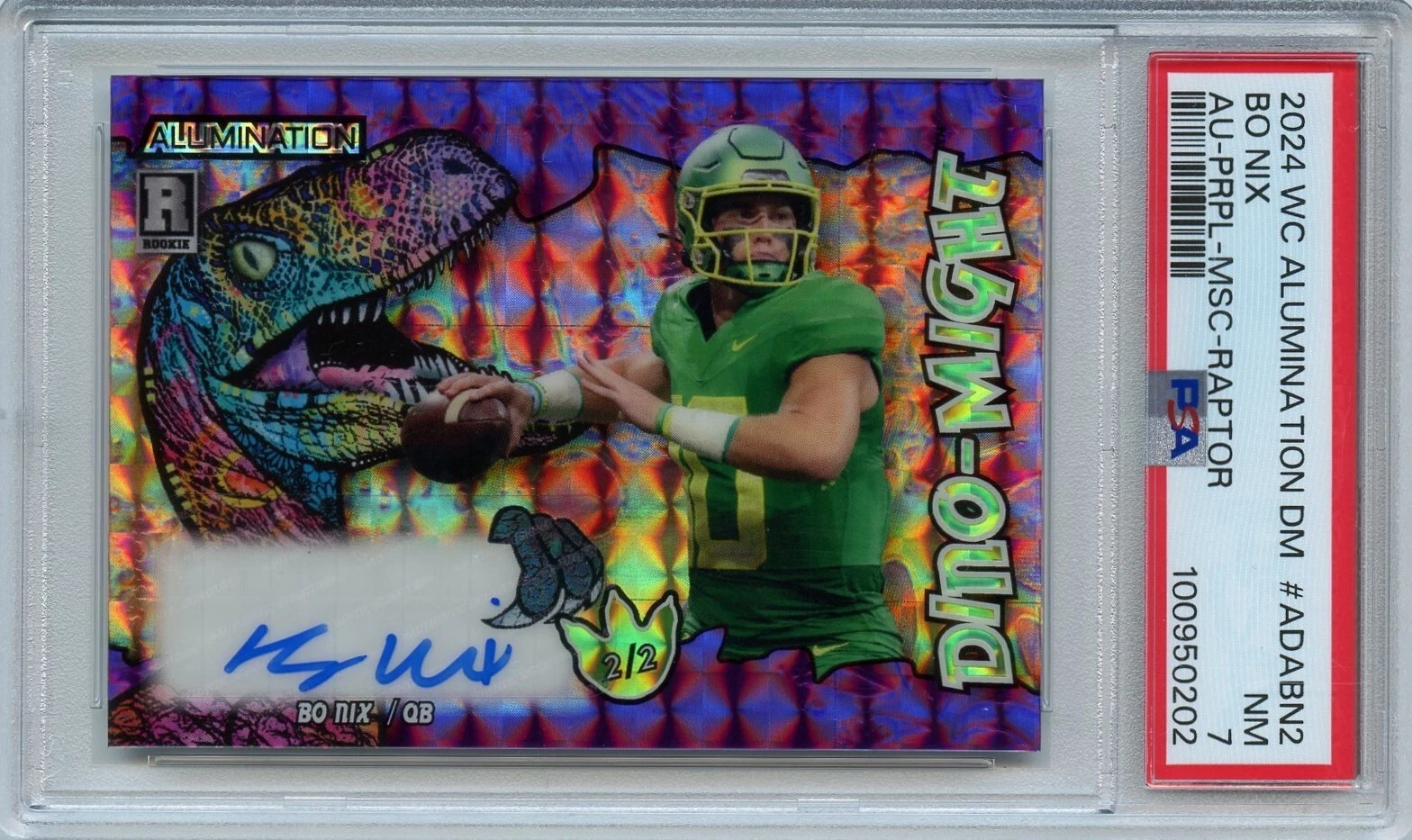 Bo Nix Wild Card Alumination Dino-Might Exclusive Autographs #ADABN2 Purple-Mosaics Foil-Raptor