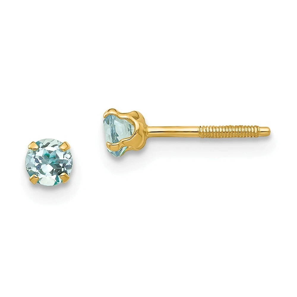14K Yellow Gold 3mm Aquamarine Birthstone Stud Earrings Madi K