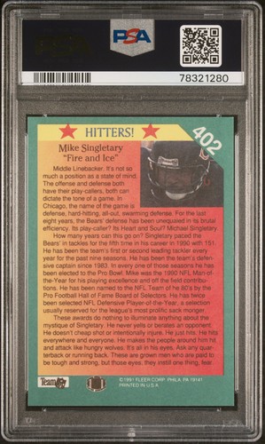 1991 Fleer Football Mike Singletary #402 Hitters PSA 9 Mint Chicago Bears NFL - Picture 2 of 3
