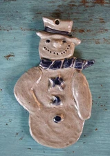Vintage 1993 Rowe Pottery Primitive Blue/Gray Salt Glaze Snowman Ornament Marked