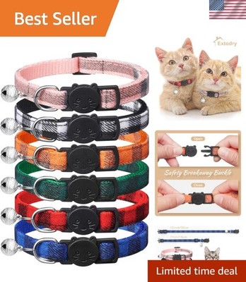 Set of 6 Fashionable Plaid Cat Collars with Safety Buckle and Bells