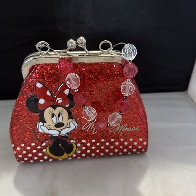 Disney Parks Minnie Mouse Girls Clasp Purse Red Sparkle Glitter Bead Handle