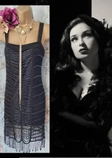 Topshop vtg 20s Gatsby black Silver beaded crochet Flapper evening dress 10 12