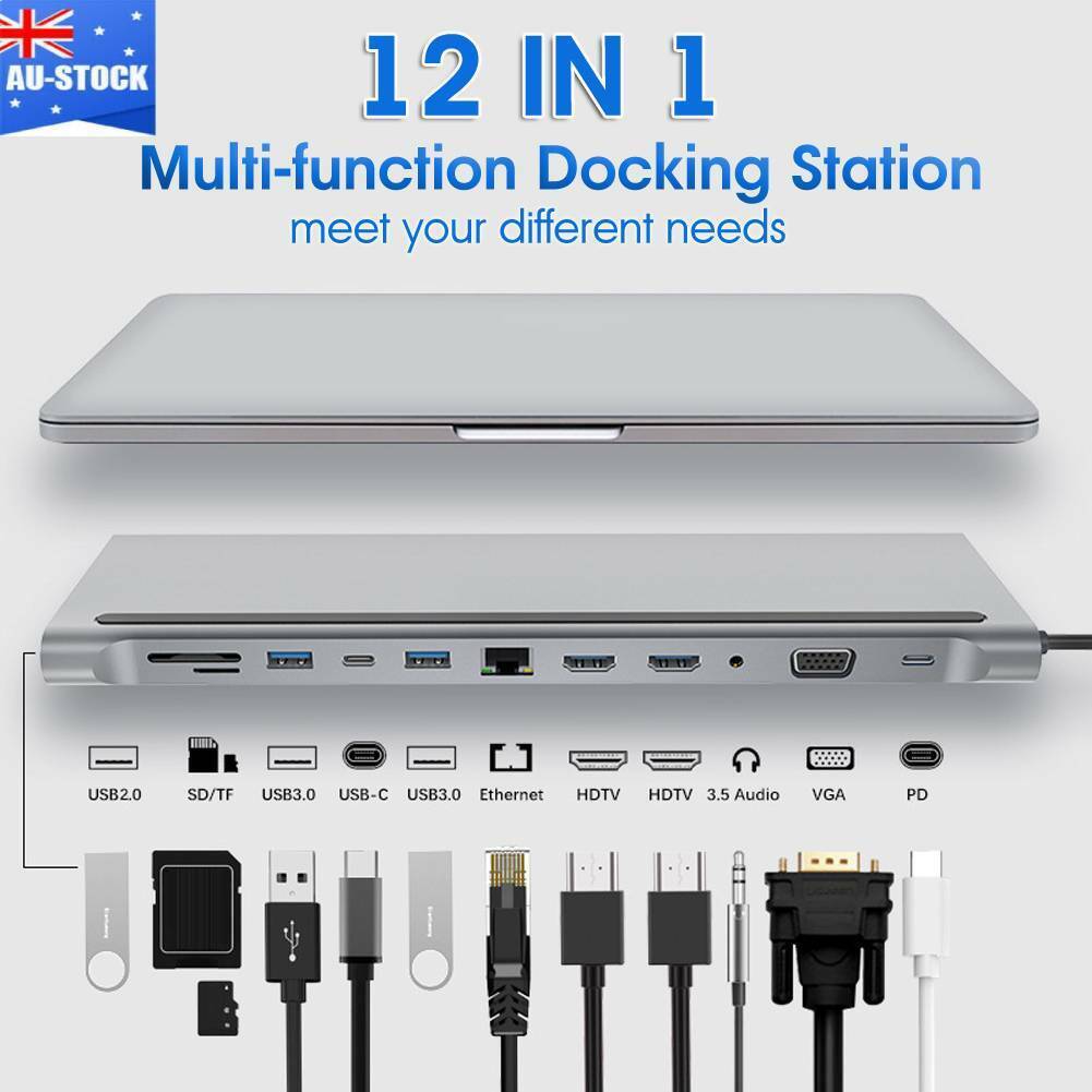 faktureres utilstrækkelig elasticitet Type-C 12 In 1 Laptop Docking Station USB 3.0 HDMI 4K VGA PD USB Hub For  MacBook | eBay